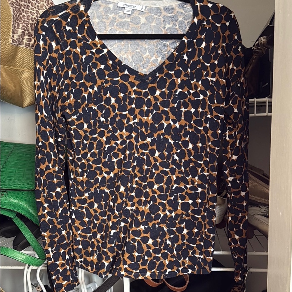 Chico's Leopard Print Fitted Long Sleeve Blouse